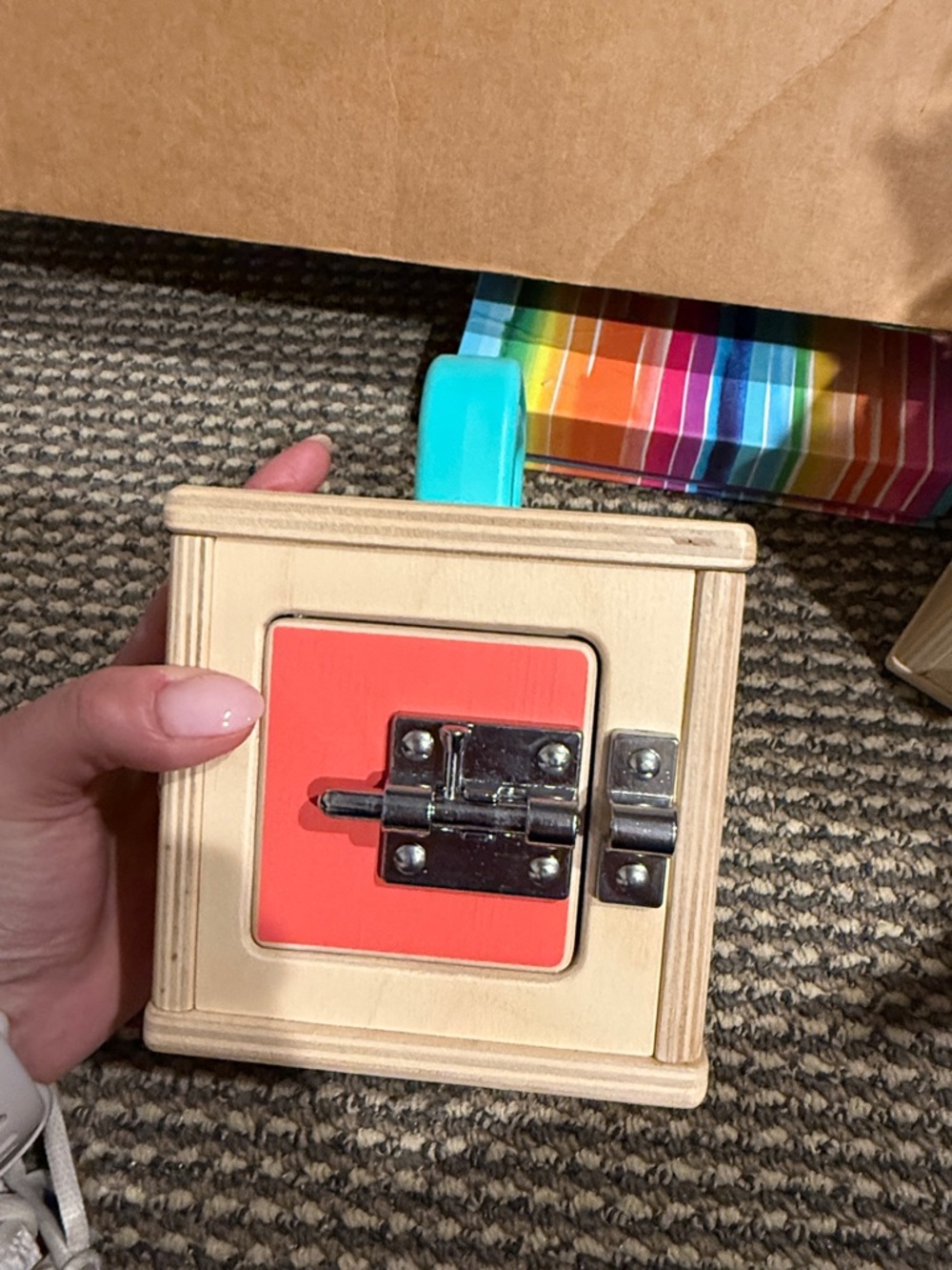 Wooden Montessori Latch Box - Orange & Natural